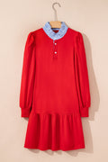 Stripe Contrast Collar Puff Sleeve Ruffle Mini Dress