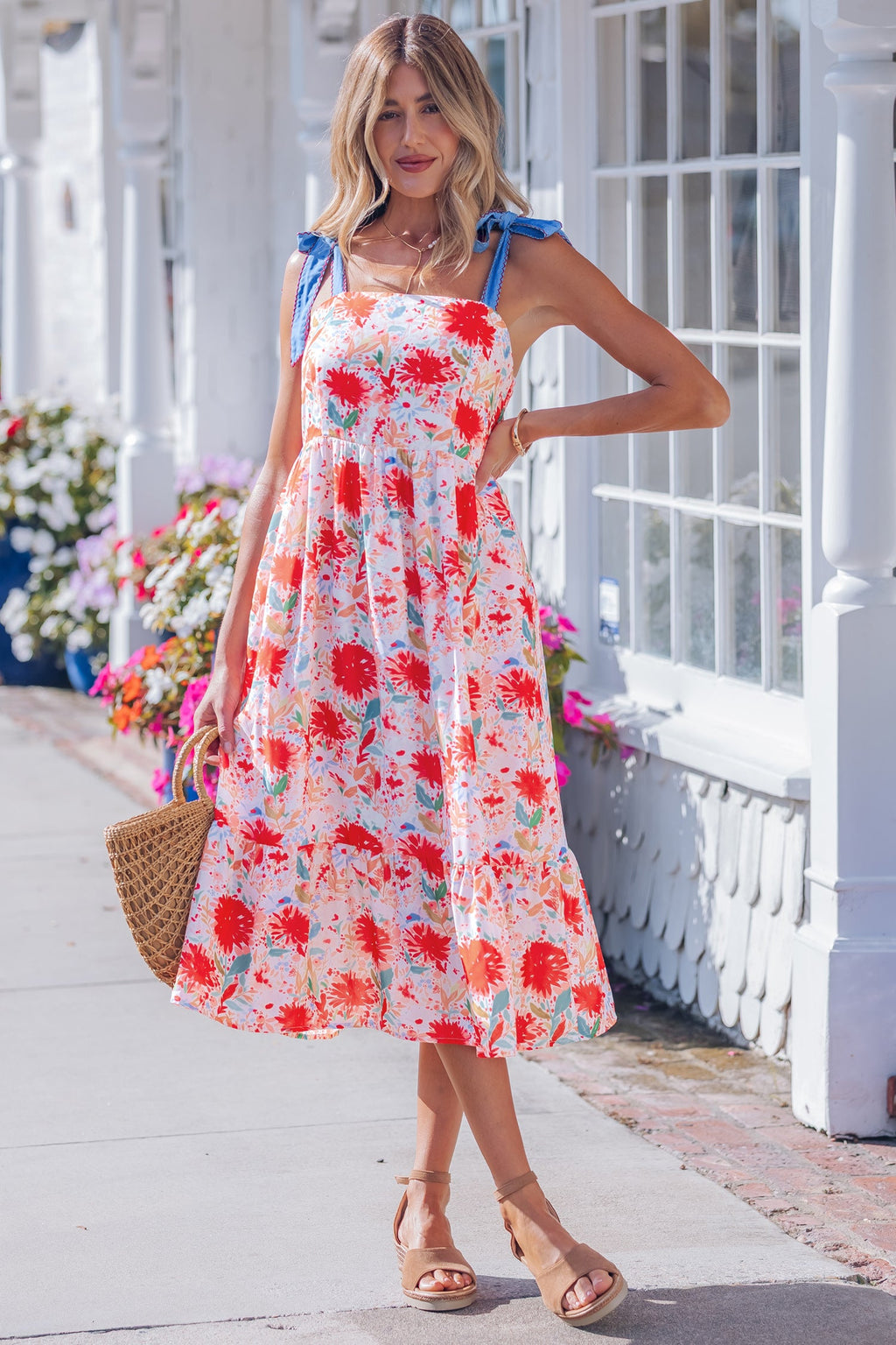 Floral Denim Tie Strap High Waist Maxi Dress