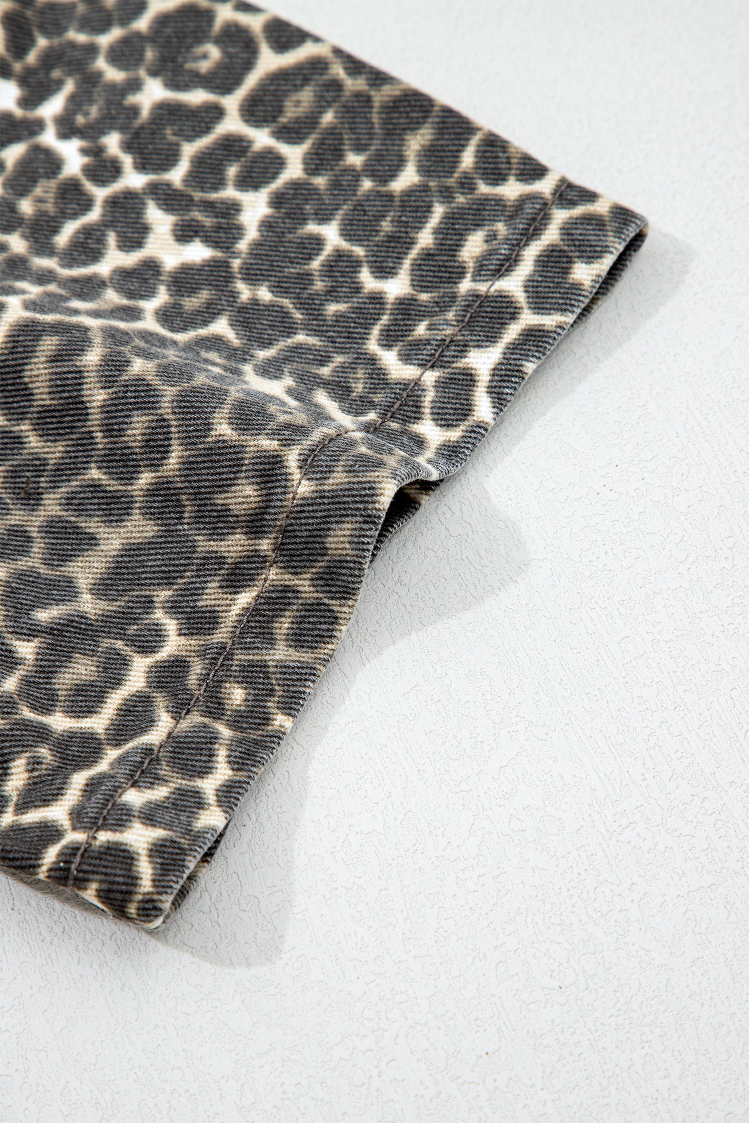 Leopard Denim Short Sleeve Button Up Cropped Shirt