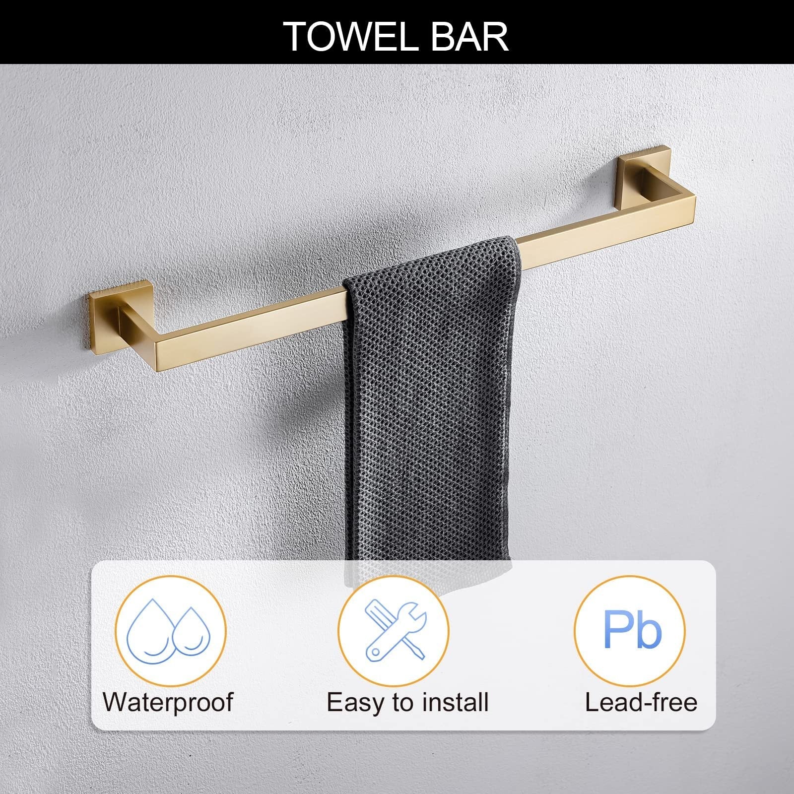 5-Piece Bathroom Hardware Accessories Set | Towel Bar, Wall Mounted, Brushed Gold