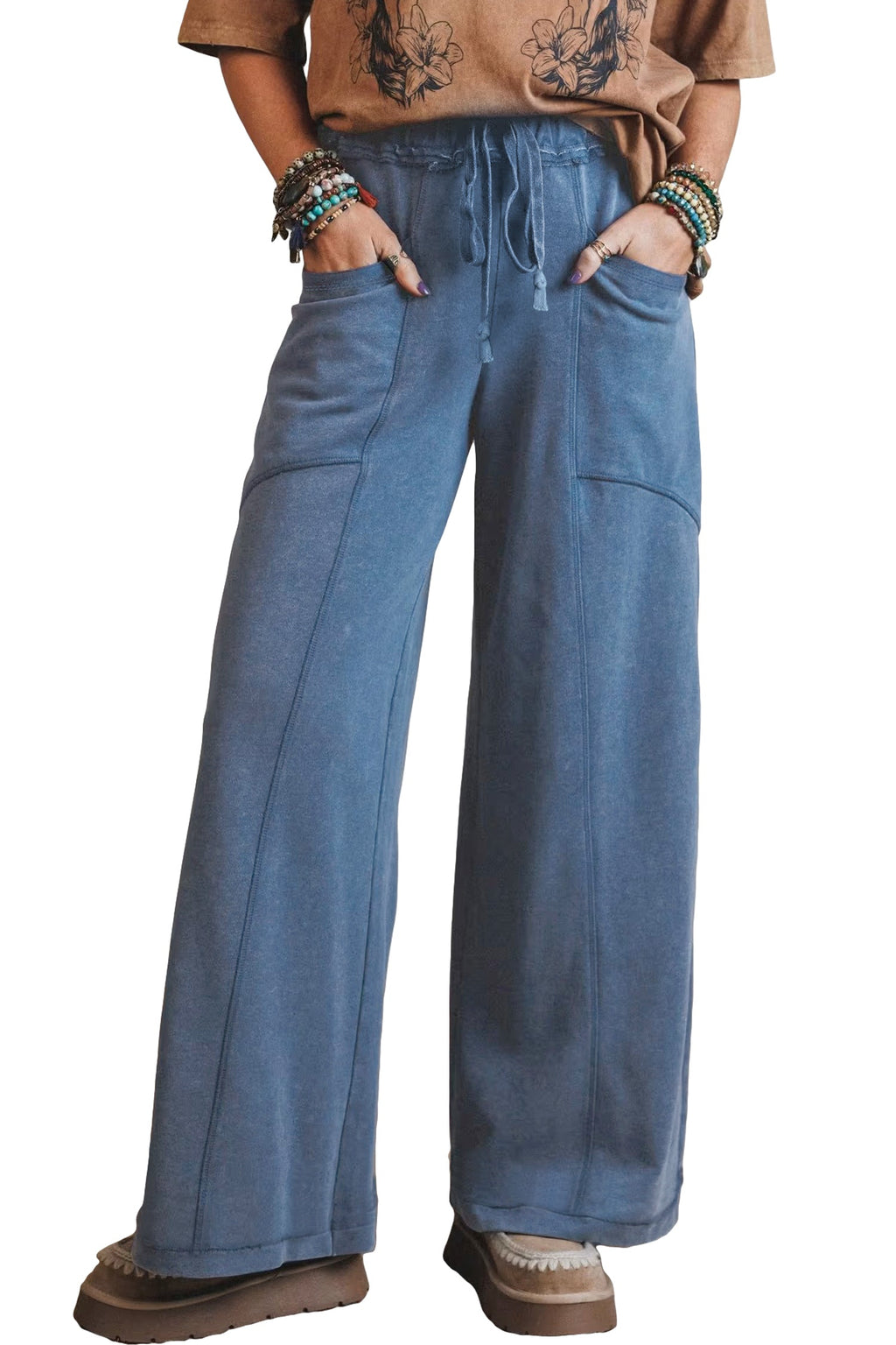 Solid Mineral Wash Drawstring Wide Leg Pants