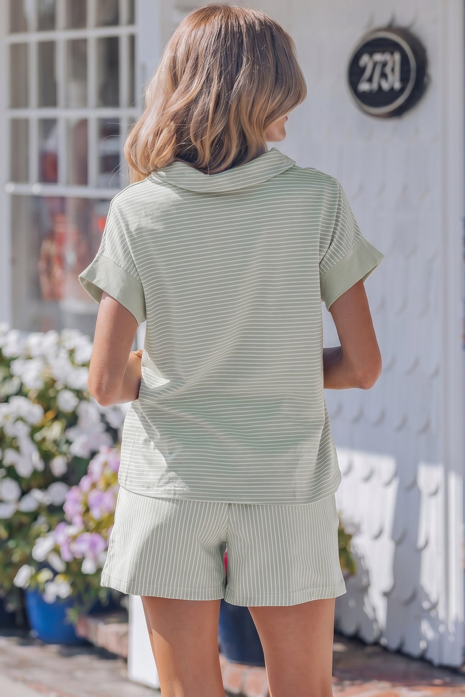Stripe Dolman Sleeve Polo Shirt & Drawstring Shorts Set