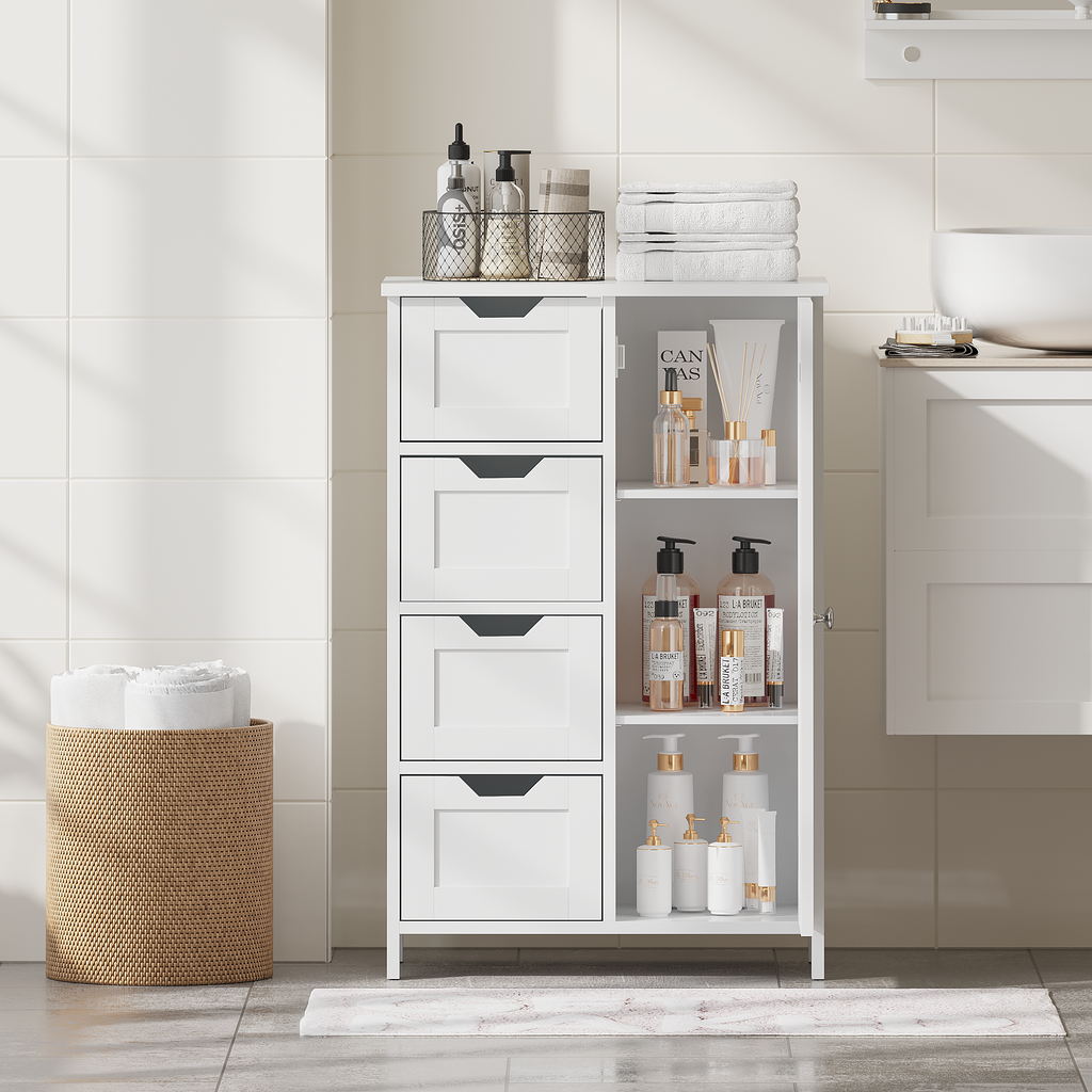 Bathroom Storage Cabinet with 4 Drawers and 1 Door, Freestanding Wooden Floor Organizer for Bathroom, Narrow Storage Cabinet for Small Spaces, Entryway, Living Room or Hallway, White