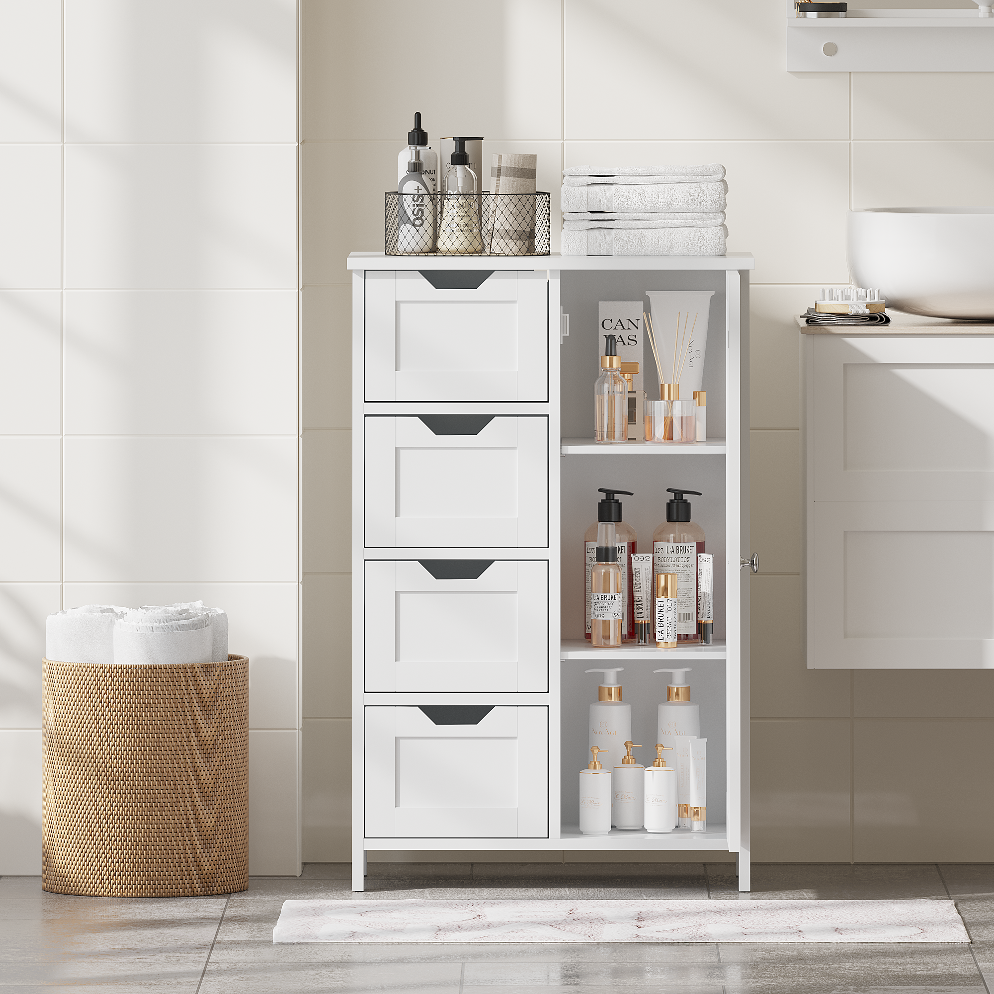 Bathroom Storage Cabinet with 4 Drawers and 1 Door, Freestanding Wooden Floor Organizer for Bathroom, Narrow Storage Cabinet for Small Spaces, Entryway, Living Room or Hallway, White