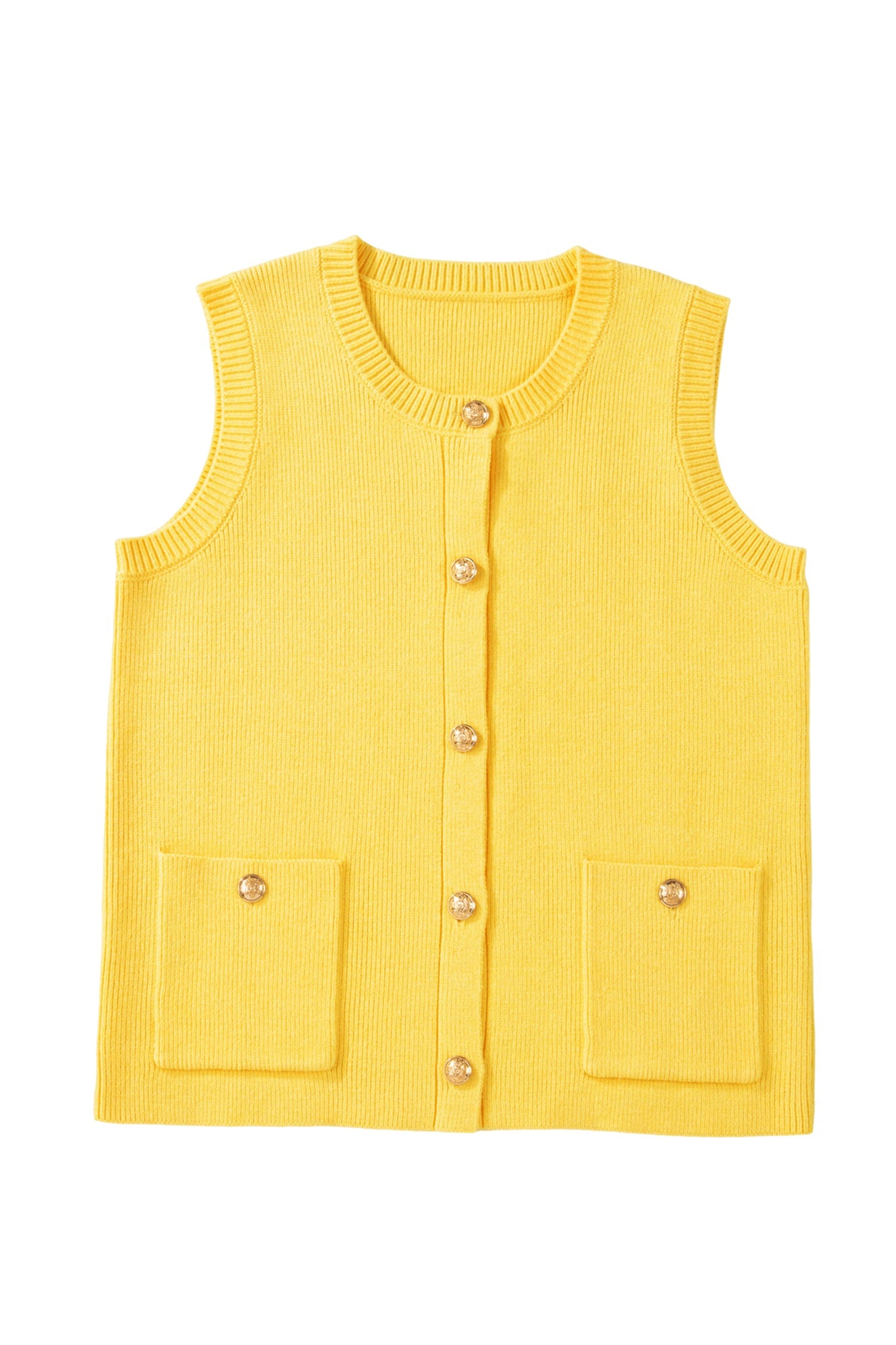 Solid Knit Sleeveless Button Front Pocketed Sweater