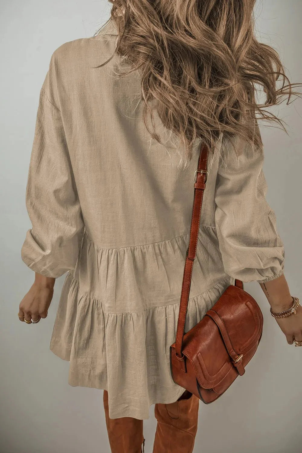 Tiered Balloon Sleeve Dress with Collared Neck Design