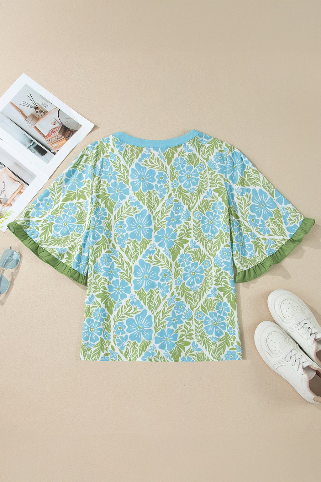 Floral Ruffle Colorblock Trim Short Sleeve Blouse