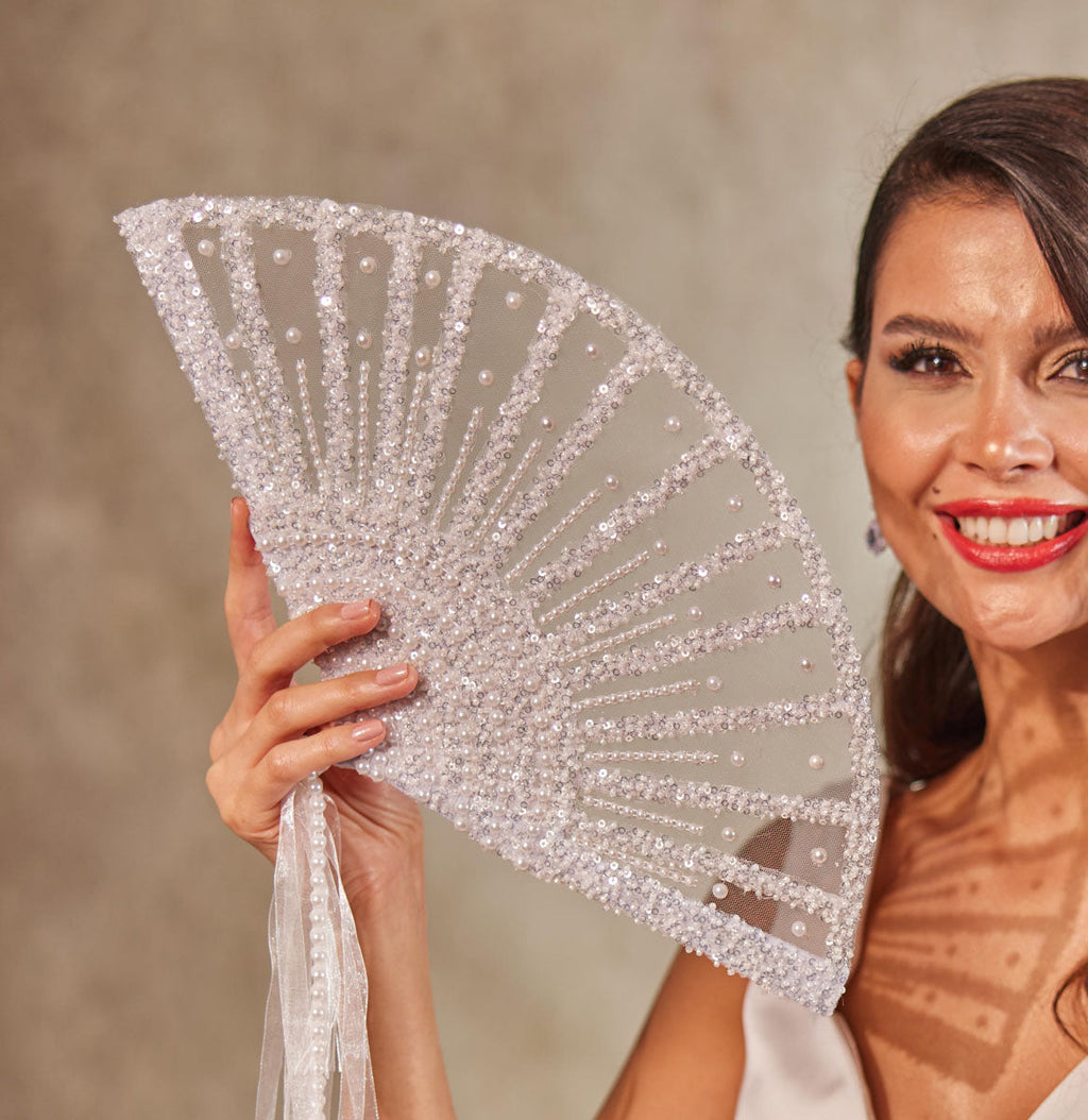 Elegant Pearl and Sequin Bridal Fan