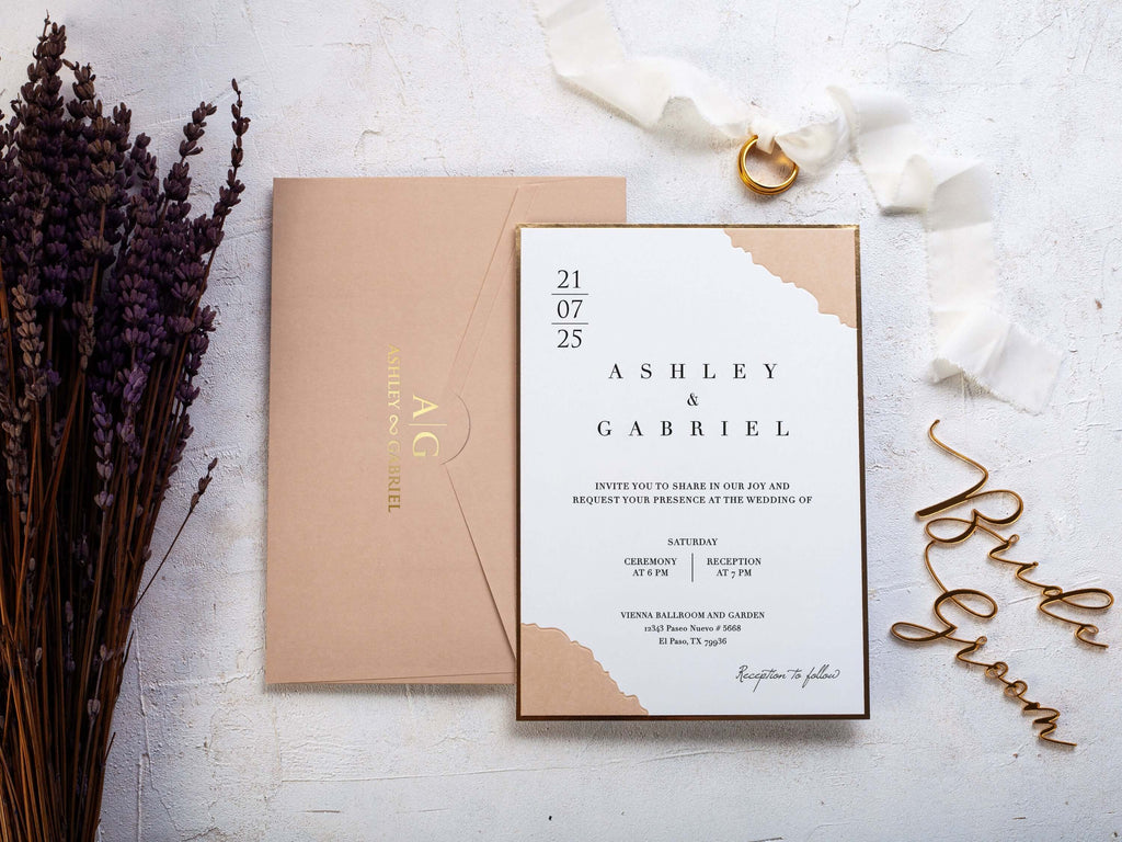 Beige Wedding Invitation with Gold Foil Frame