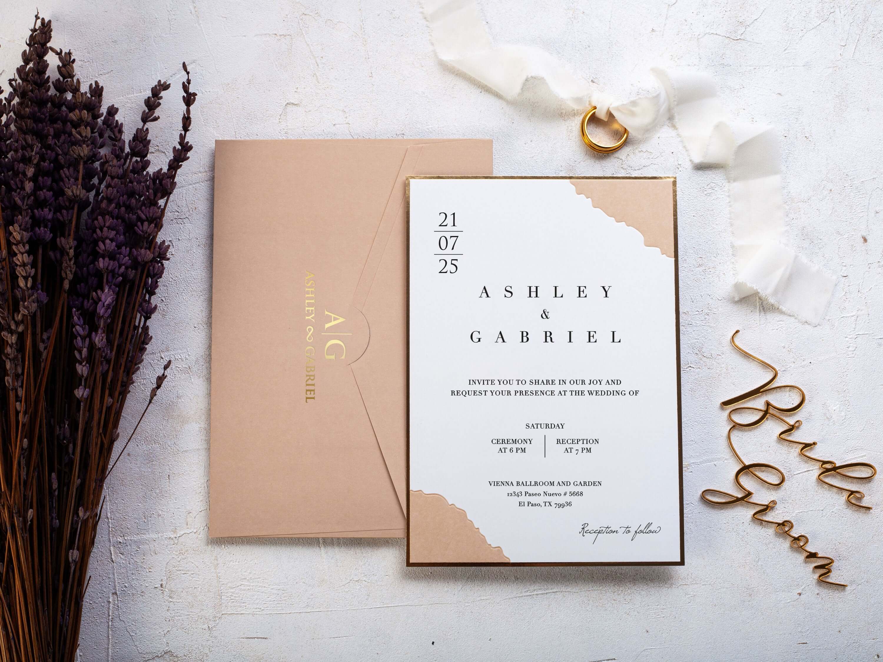 Beige Wedding Invitation with Gold Foil Frame