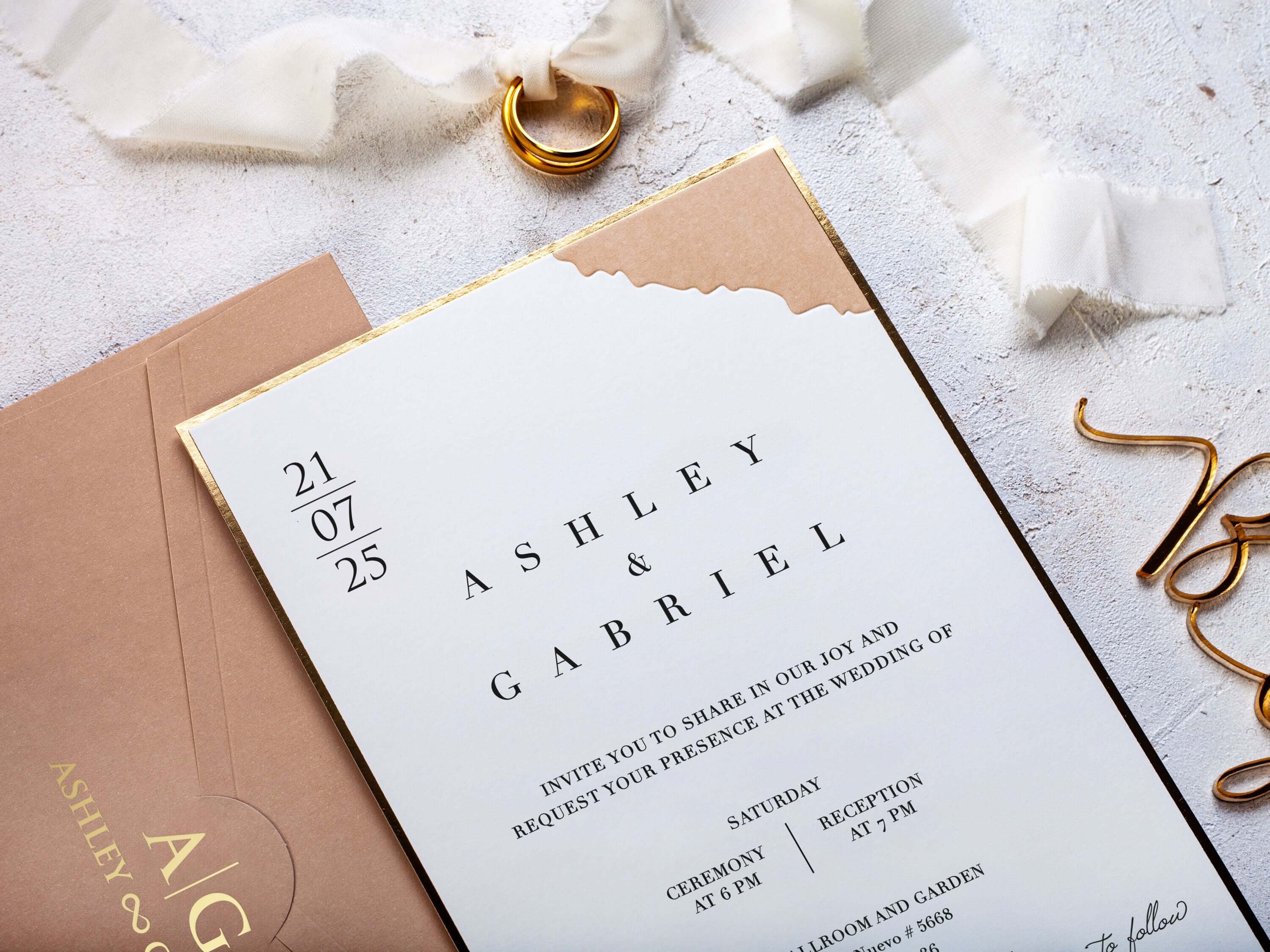 Beige Wedding Invitation with Gold Foil Frame
