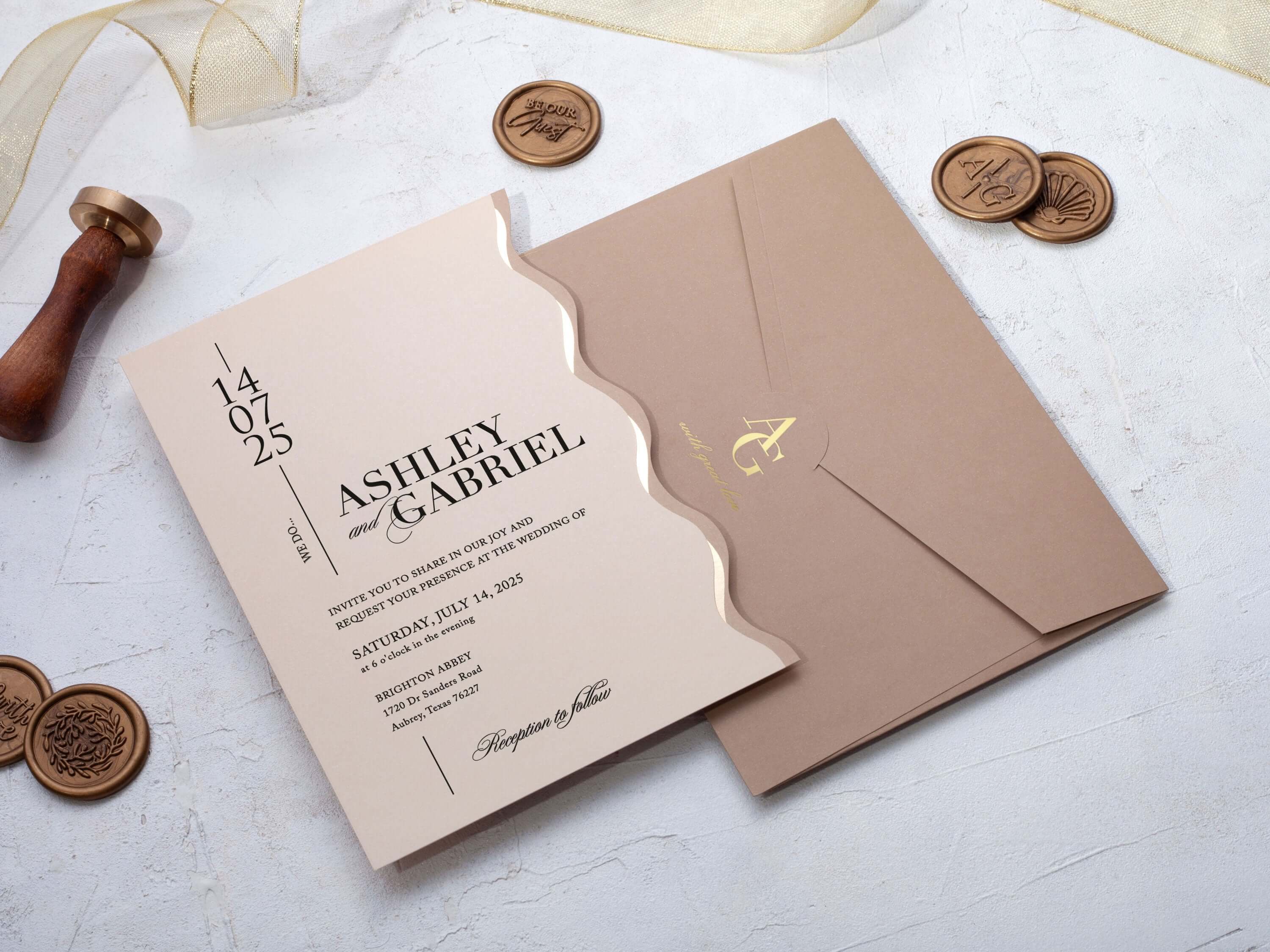 Beige Special Cut Wedding Invitation with Gold Foil