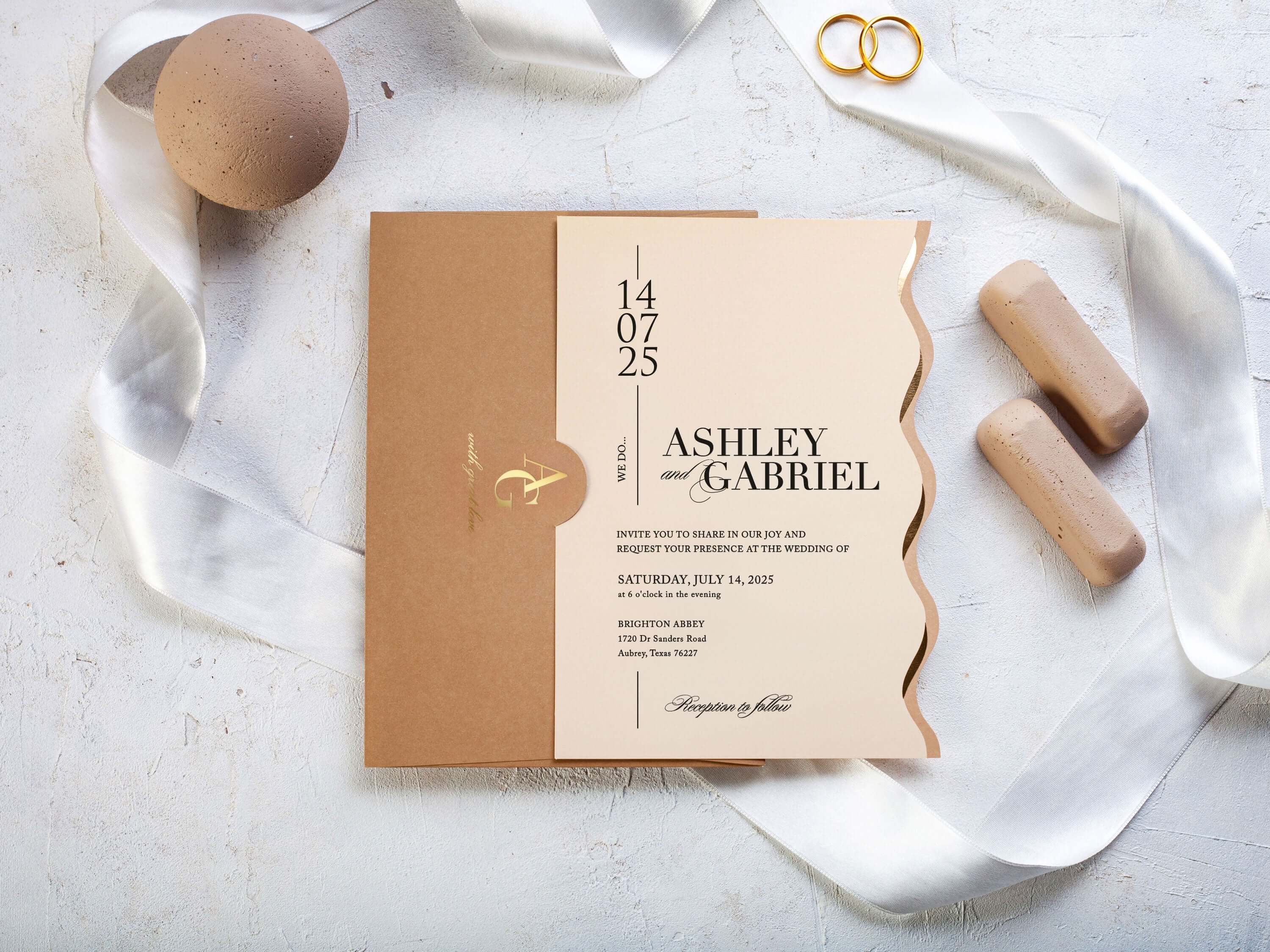 Beige Special Cut Wedding Invitation with Gold Foil