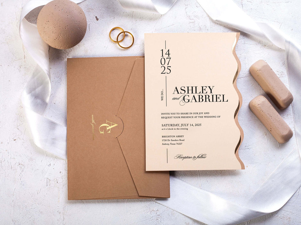 Beige Special Cut Wedding Invitation with Gold Foil