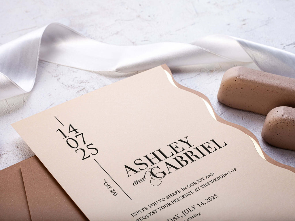 Beige Special Cut Wedding Invitation with Gold Foil
