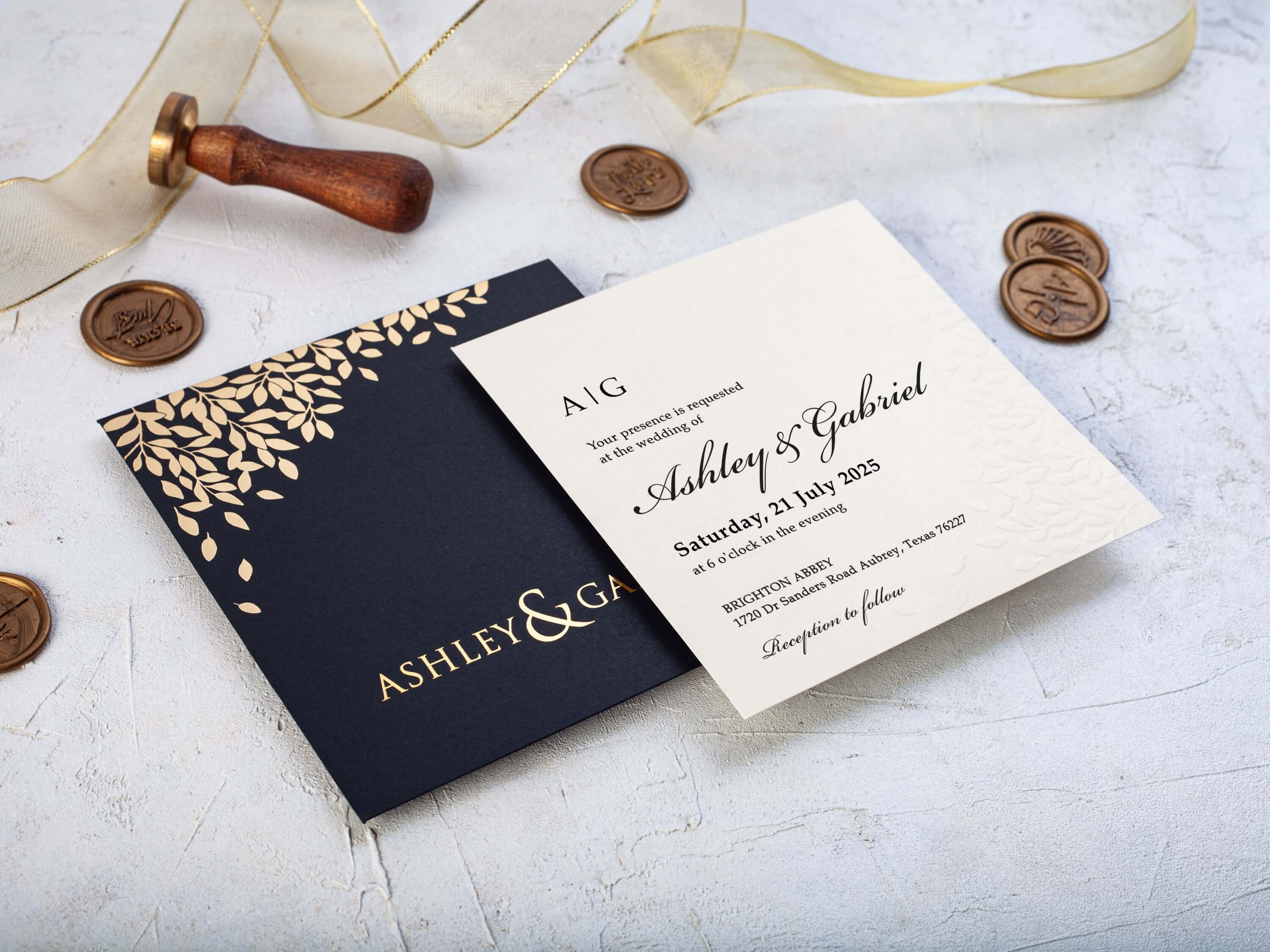 Embossed Leaves Wedding Invitation with Gold Foil