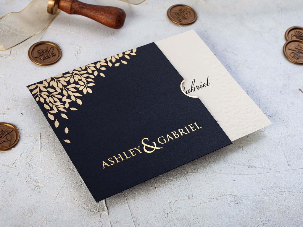 Embossed Leaves Wedding Invitation with Gold Foil