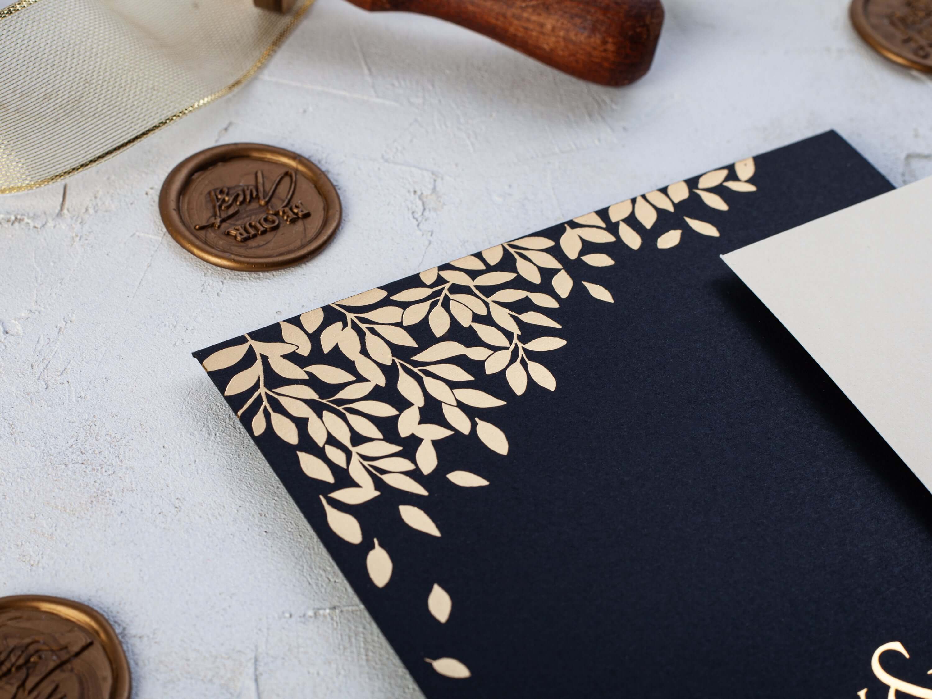 Embossed Leaves Wedding Invitation with Gold Foil