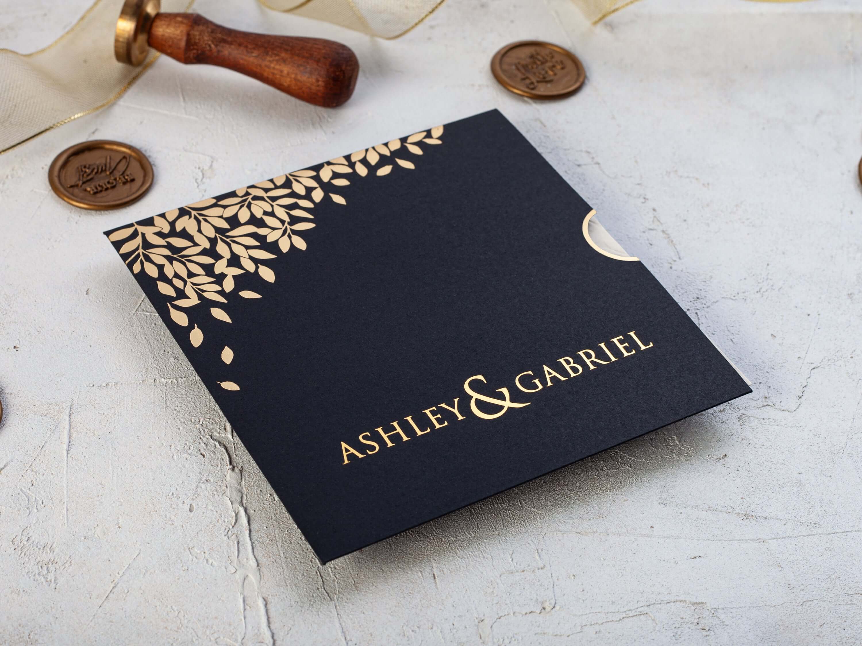 Embossed Leaves Wedding Invitation with Gold Foil