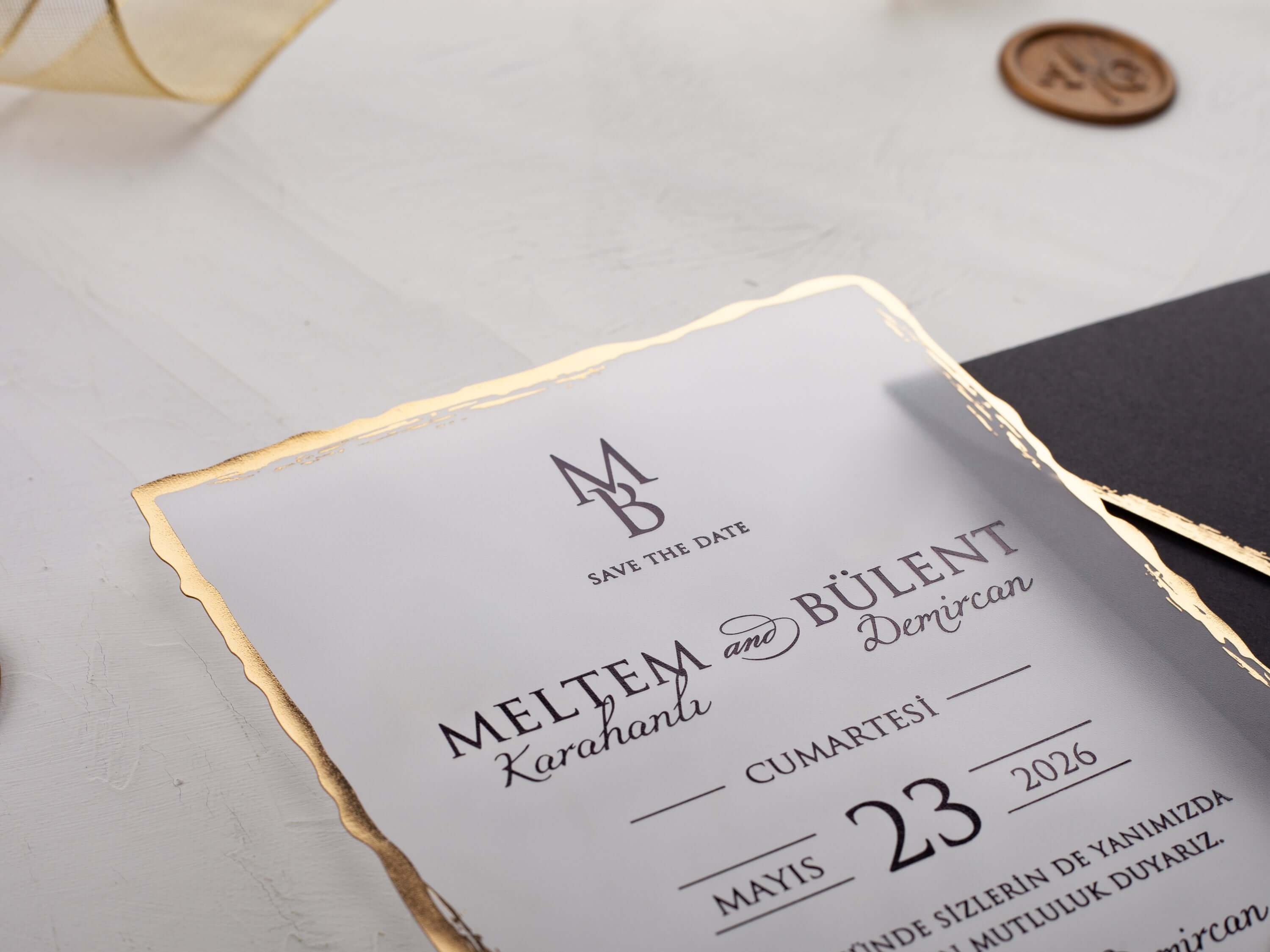 Deckle Edge Acrylic Wedding Invitation with Gold Foil
