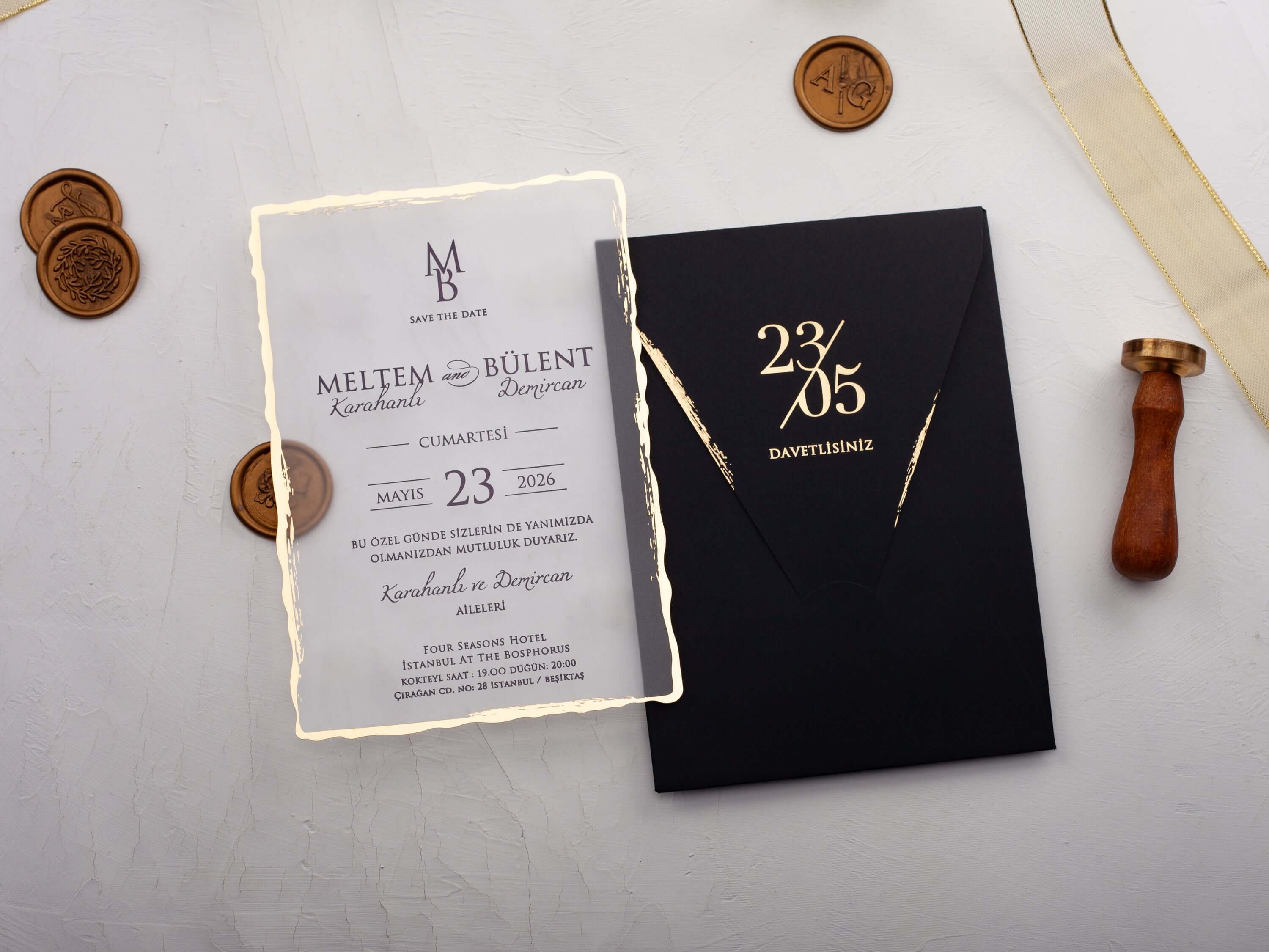 Deckle Edge Acrylic Wedding Invitation with Gold Foil