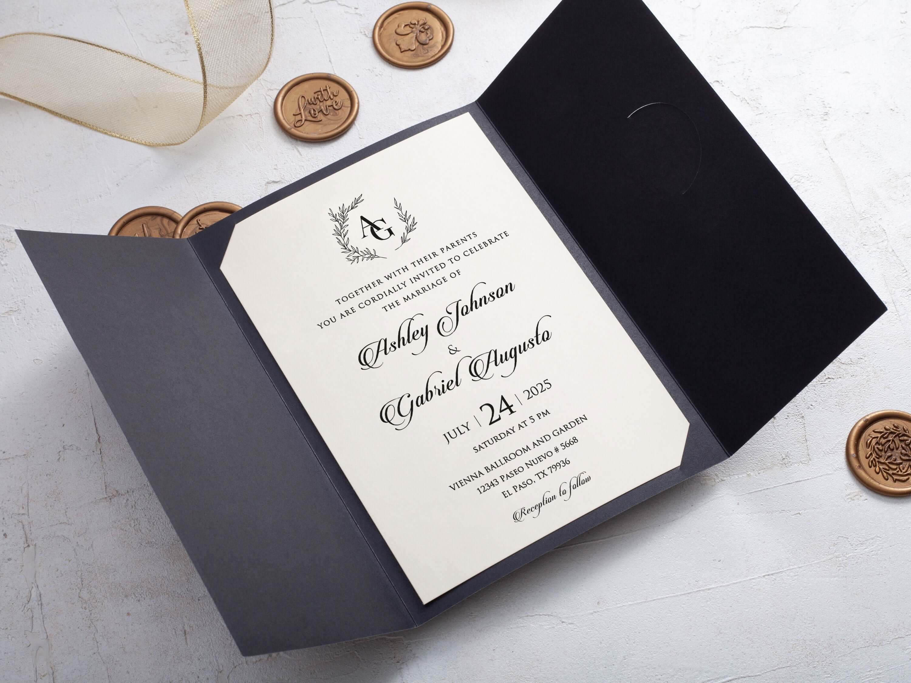 Black Gatefold Wedding Invitation with Gold Foil