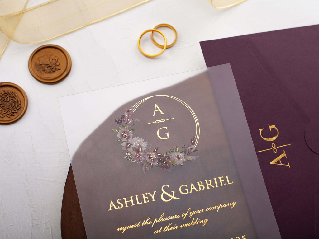 Purple Acrylic Wedding Invitation with Gold Foil