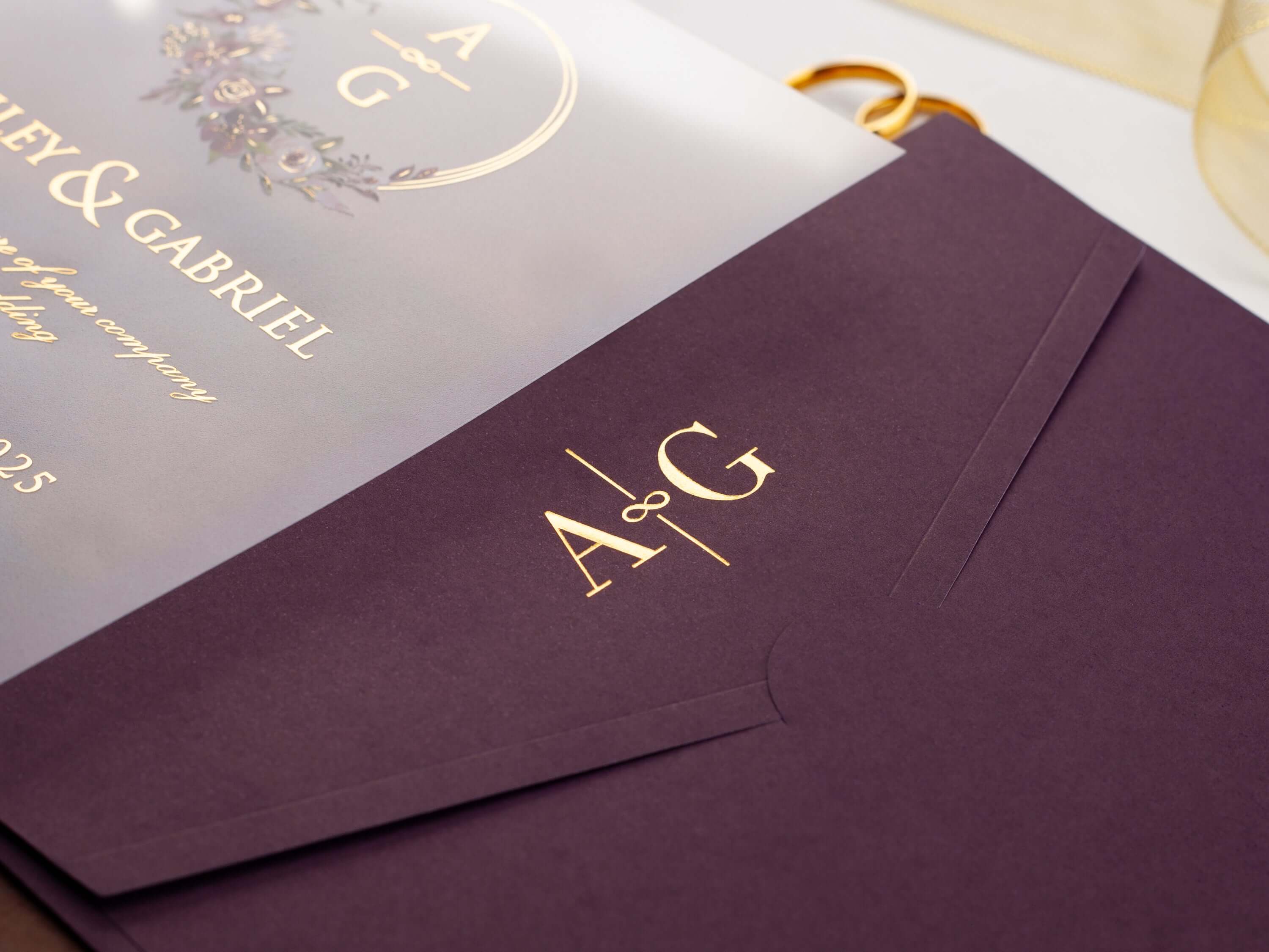 Purple Acrylic Wedding Invitation with Gold Foil