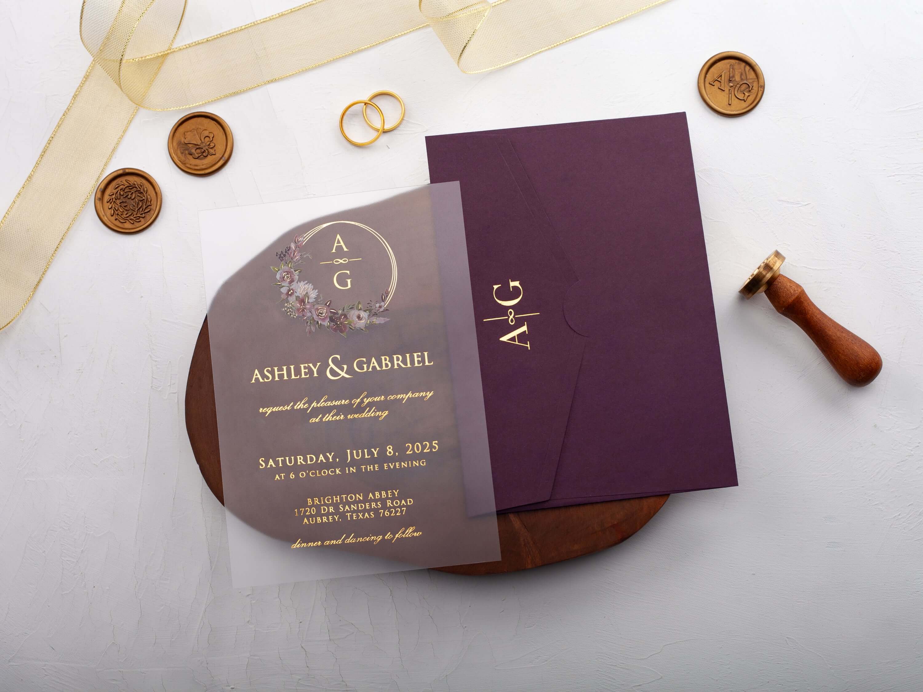 Purple Acrylic Wedding Invitation with Gold Foil