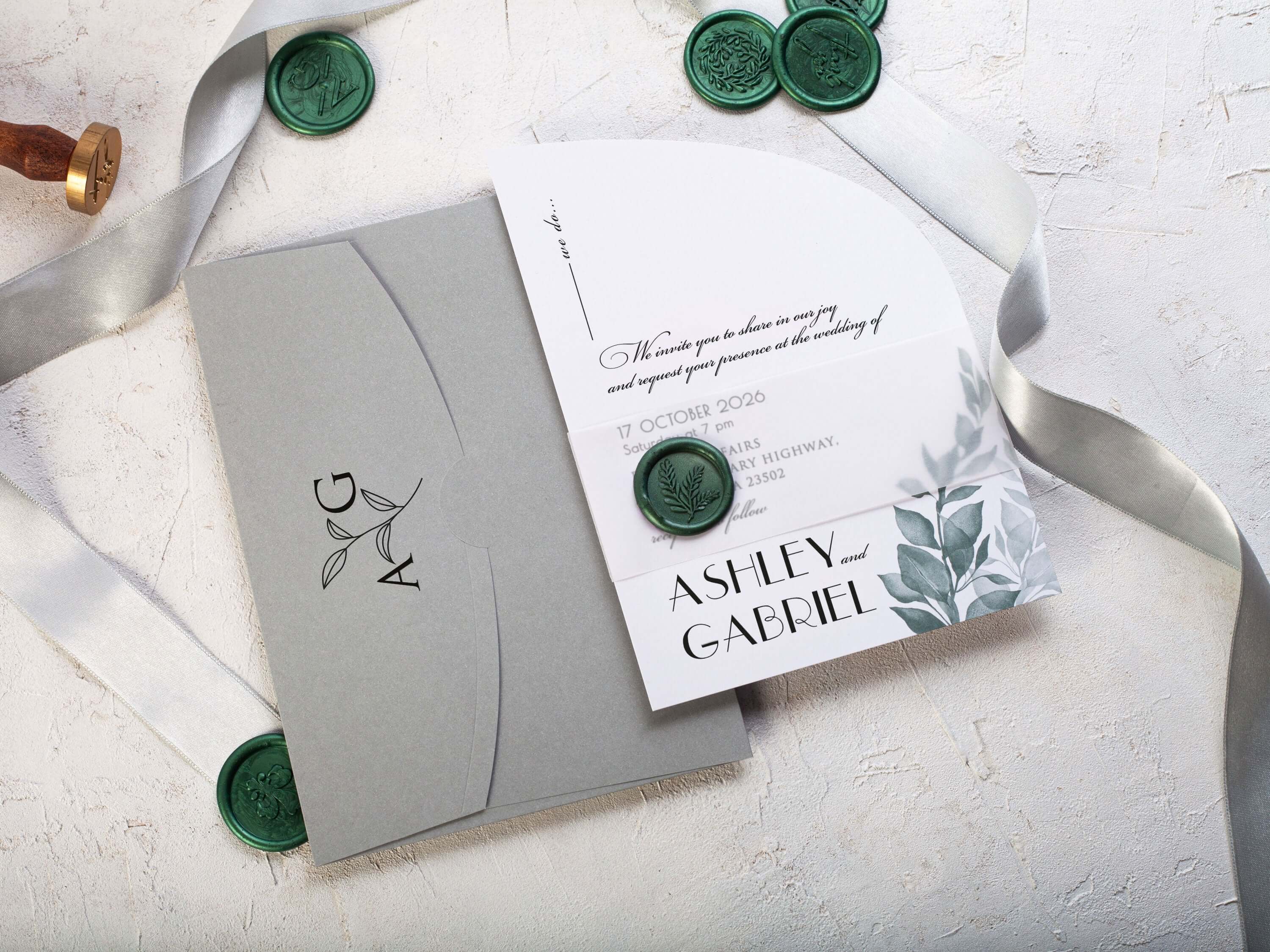 Half Arch Wedding Invitation with Green Leaves