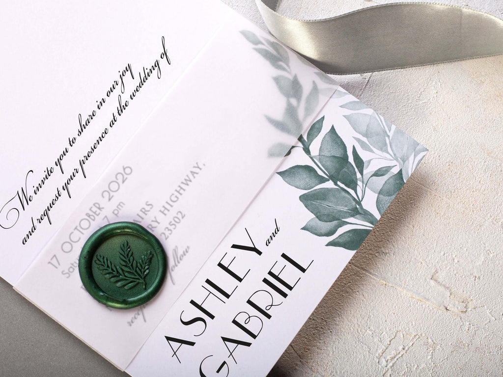 Half Arch Wedding Invitation with Green Leaves
