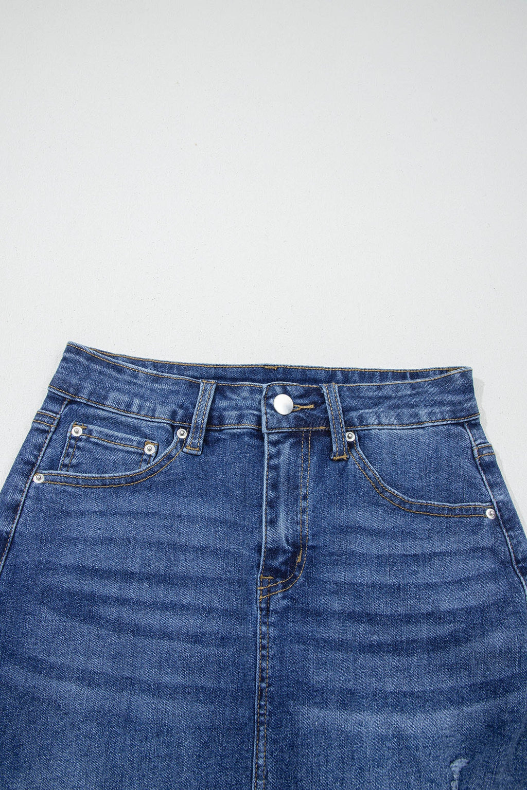 Denim Asymmetrical Distressed Midi Skirt