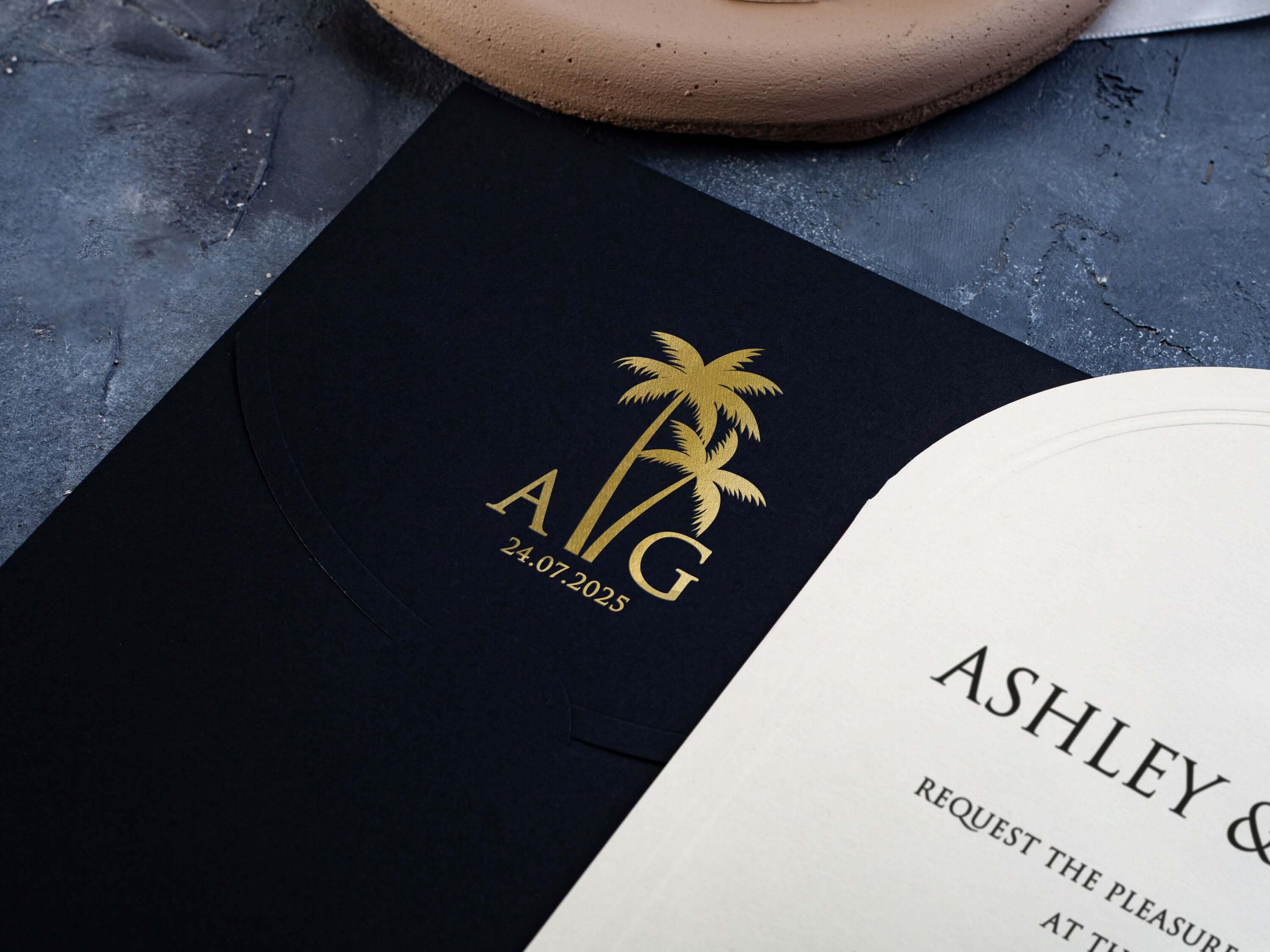 Arch Wedding Invitation with Gold Palm Tree Detail