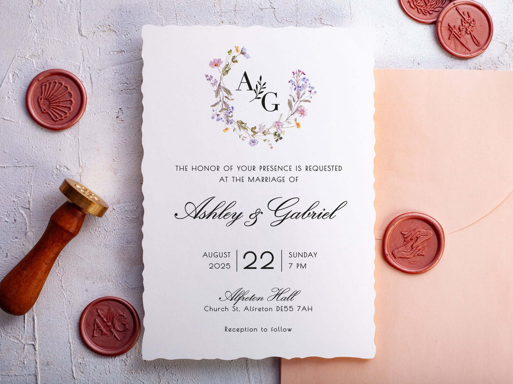 Floral Deckled Edge Wedding Invitation