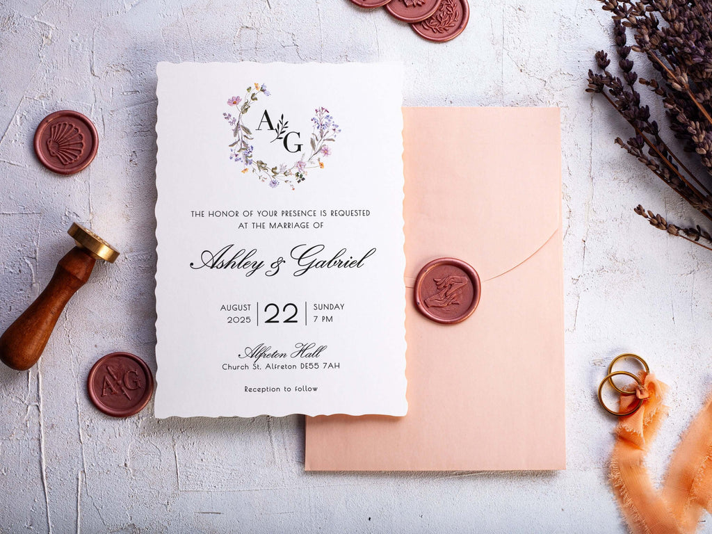 Floral Deckled Edge Wedding Invitation