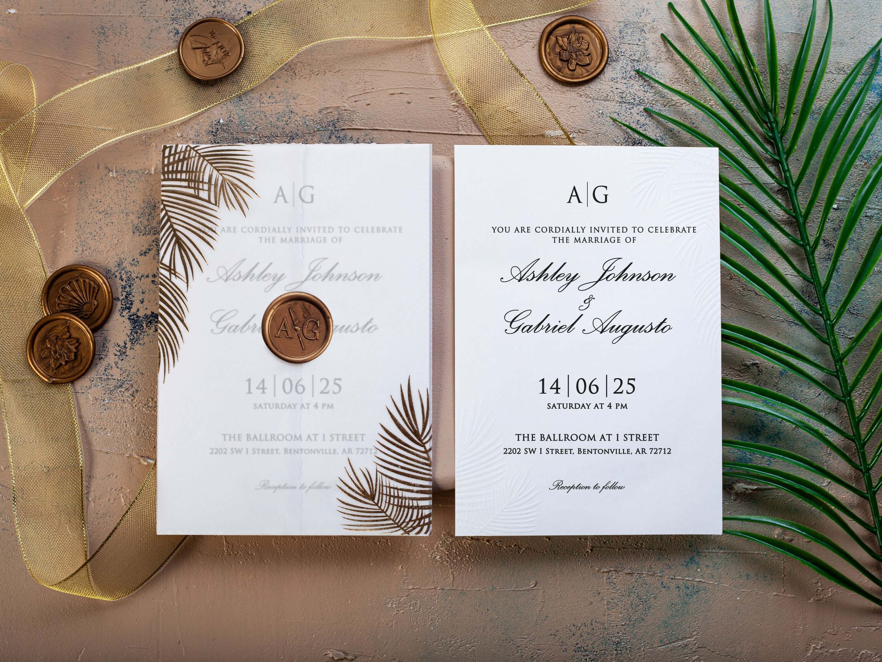 Blind Embossed Wedding Invitation with Palm Leaf