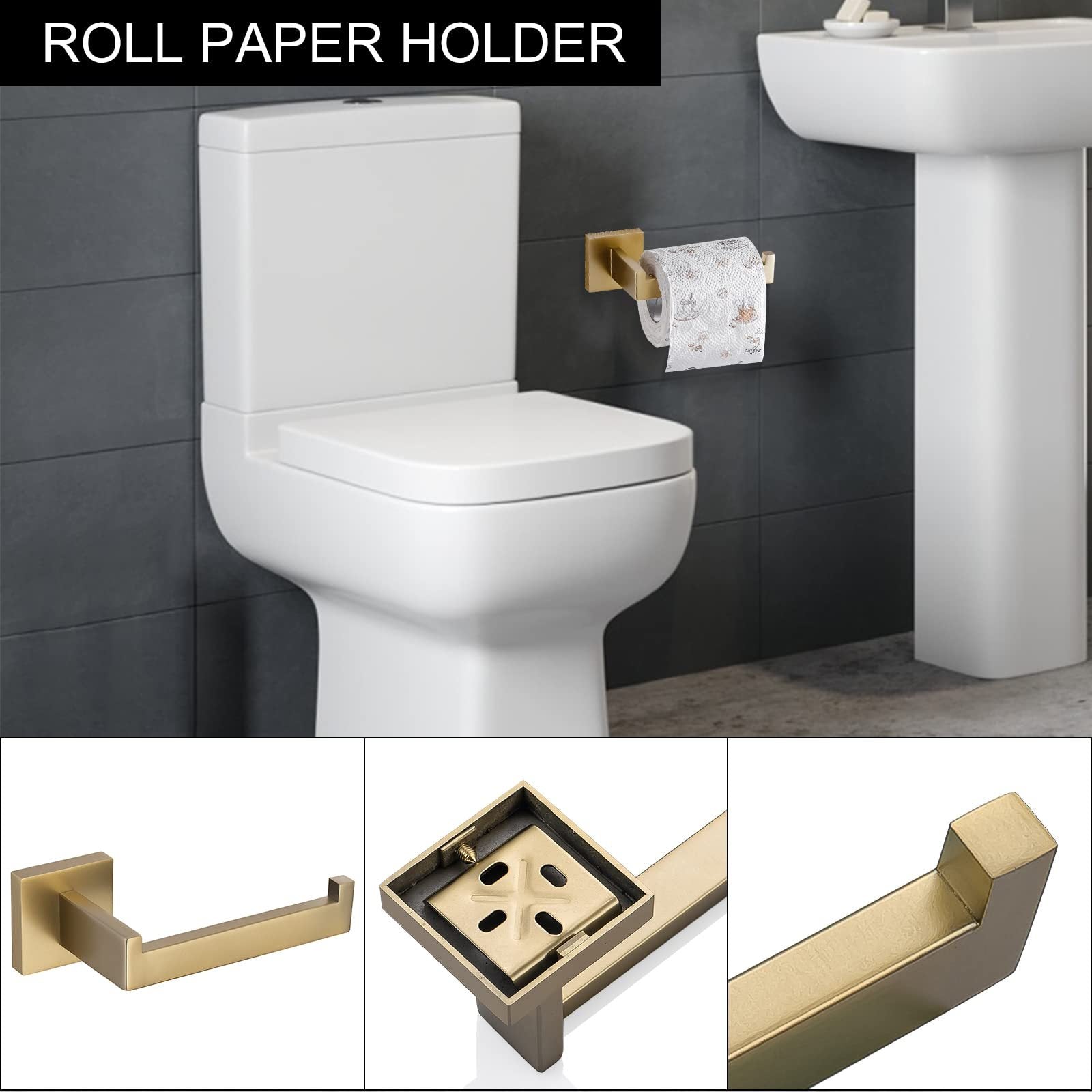 5-Piece Bathroom Hardware Accessories Set | Towel Bar, Wall Mounted, Brushed Gold