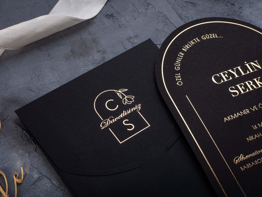 Black Envelope Arch Wedding Invitation with Gold Foil