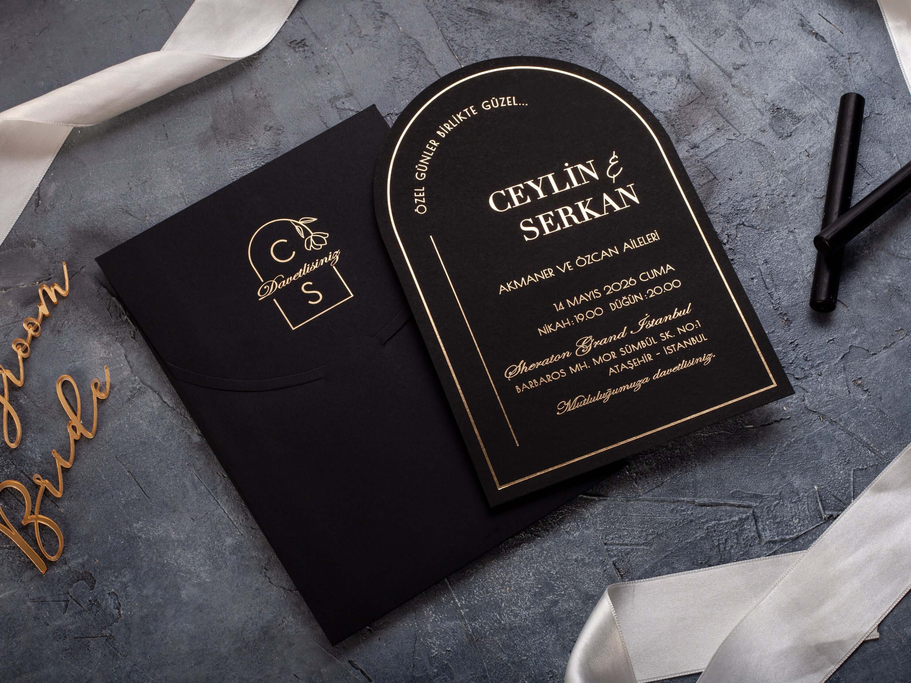 Black Envelope Arch Wedding Invitation with Gold Foil