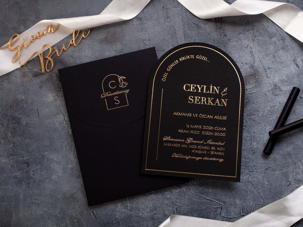 Black Envelope Arch Wedding Invitation with Gold Foil