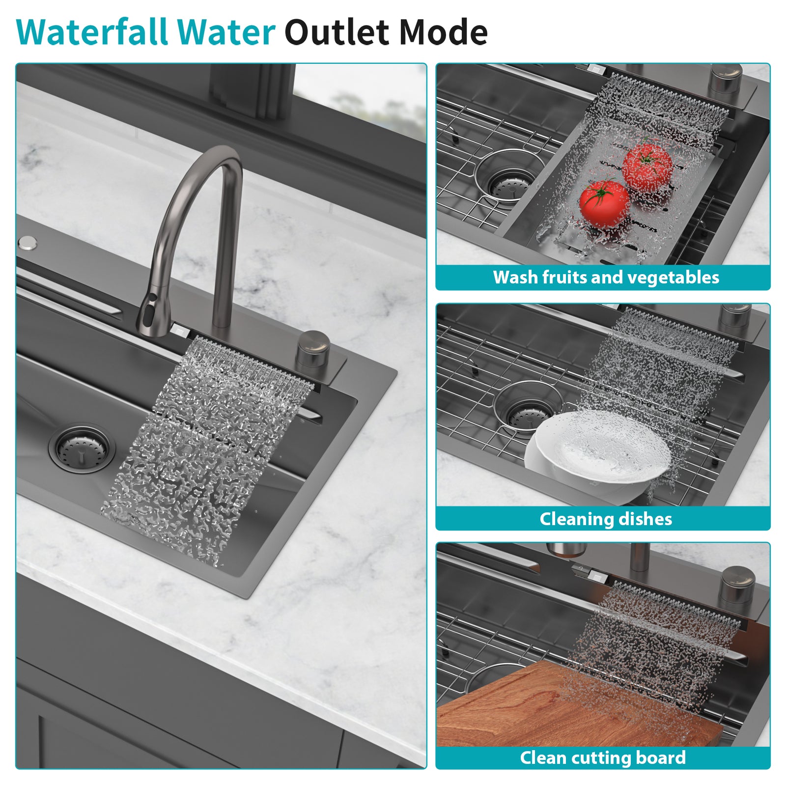 33" Gunmetal Black Kitchen Sink – 16G T304 Stainless Steel | Waterfall Faucet, Workstation Ledge, Top Mount