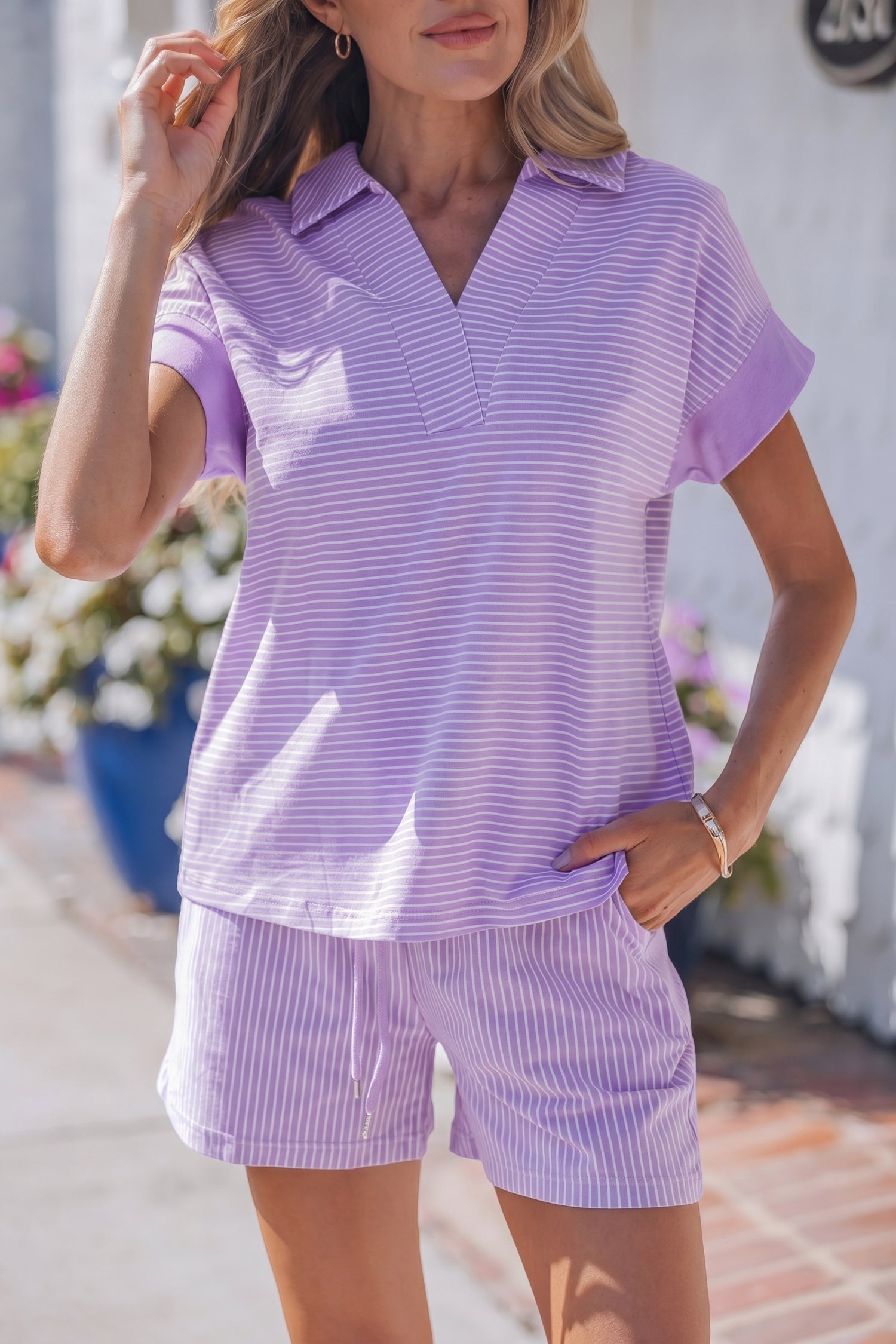 Stripe Dolman Sleeve Polo Shirt & Drawstring Shorts Set