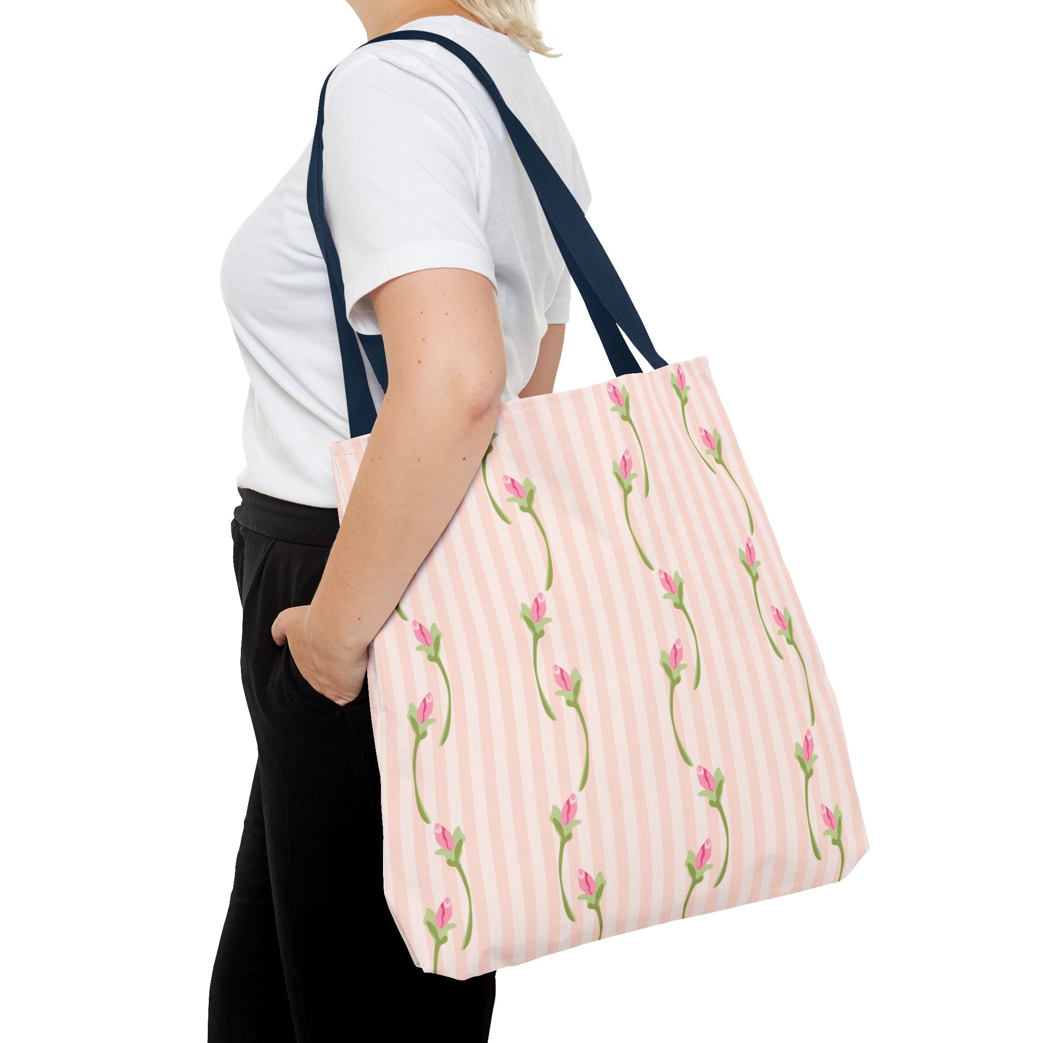 Customizable: Floral Stripe Tote Bag, Chic Shopping Tote, Spring Gift Bag, Eco-Friendly Reusable Bag, Perfect for Grad Gifts College Send off Gift