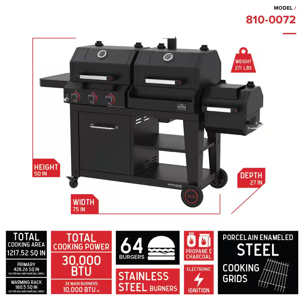 Oakford 1150 Pro Grill Smoker Combo, 3 Burner Gas + Offset Charcoal Smoker