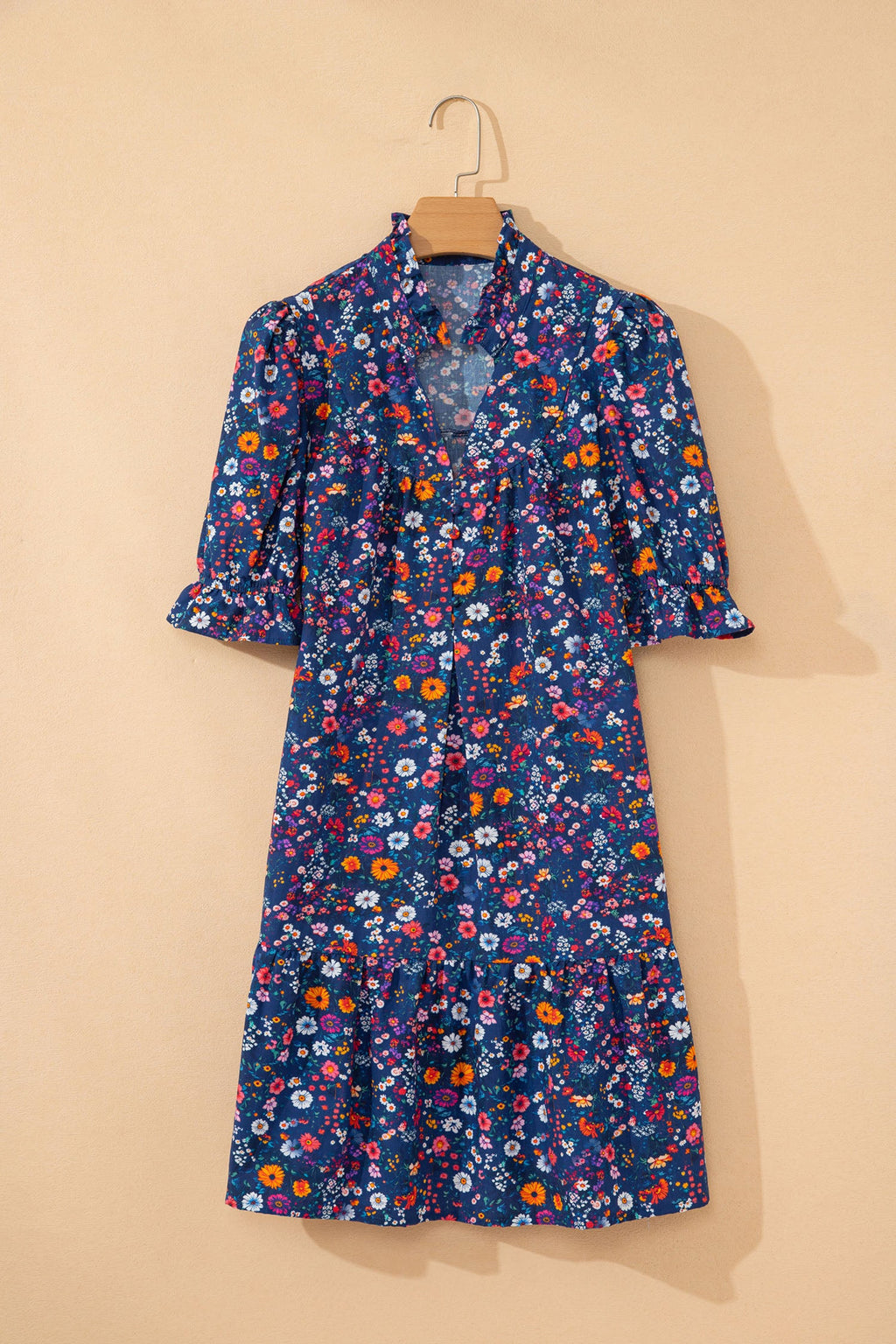 Floral Split Neck Puff Sleeve Mini Dress