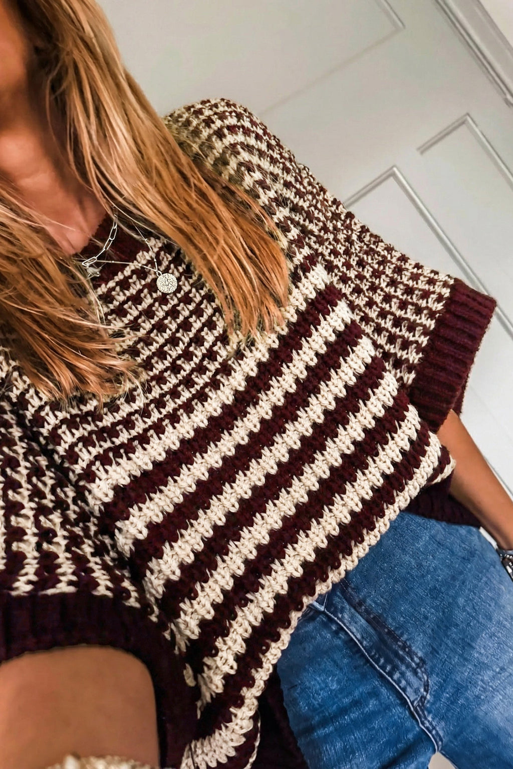 Stripe Draped 3/4 Sleeve Slouchy Sweater