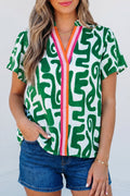 Abstract Stripe Trim V-Neck Short Sleeve Blouse