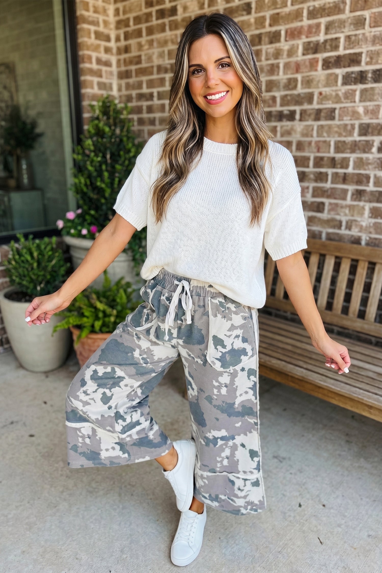 Camo Raw Edge Pocketed Drawstring Pants