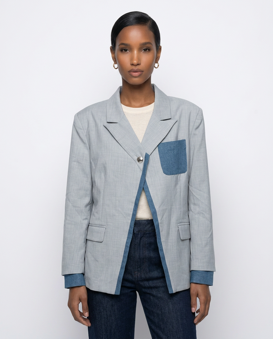 Deconstructed Asymmetric Denim-Trimmed Blazer
