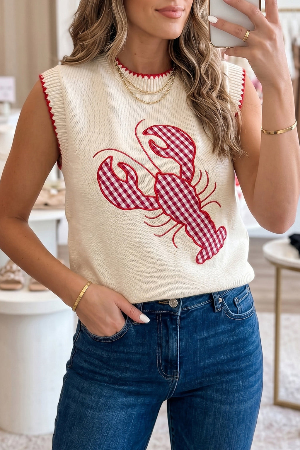 Gingham Plaid Crawfish Sleeveless Sweater Top